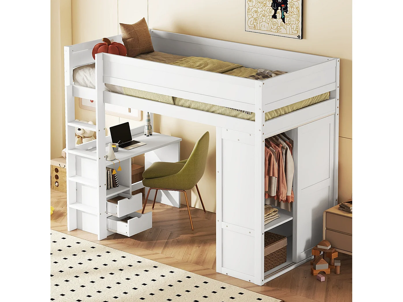 Lit mezzanine 90x200cm, lit enfant polyvalent, équipé d'armoire, bureau et tiroirs, échelle, sommier à lattes, pin, blanc