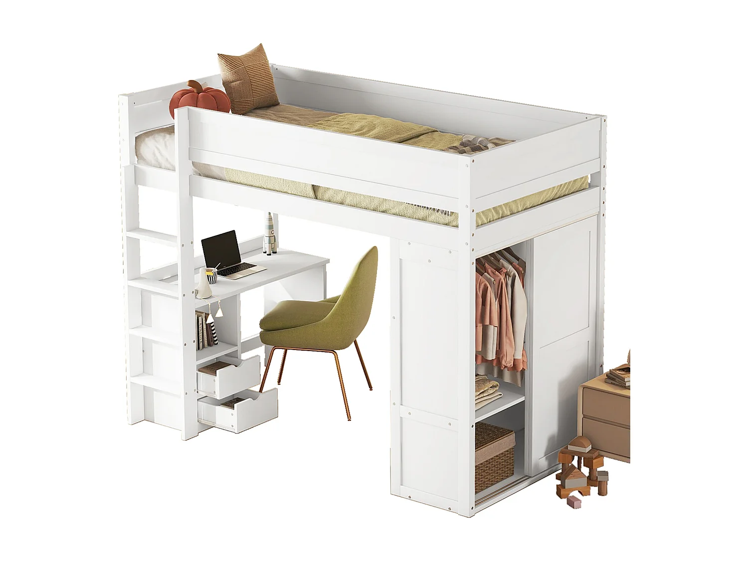 Lit mezzanine 90x200cm, lit enfant polyvalent, équipé d'armoire, bureau et tiroirs, échelle, sommier à lattes, pin, blanc