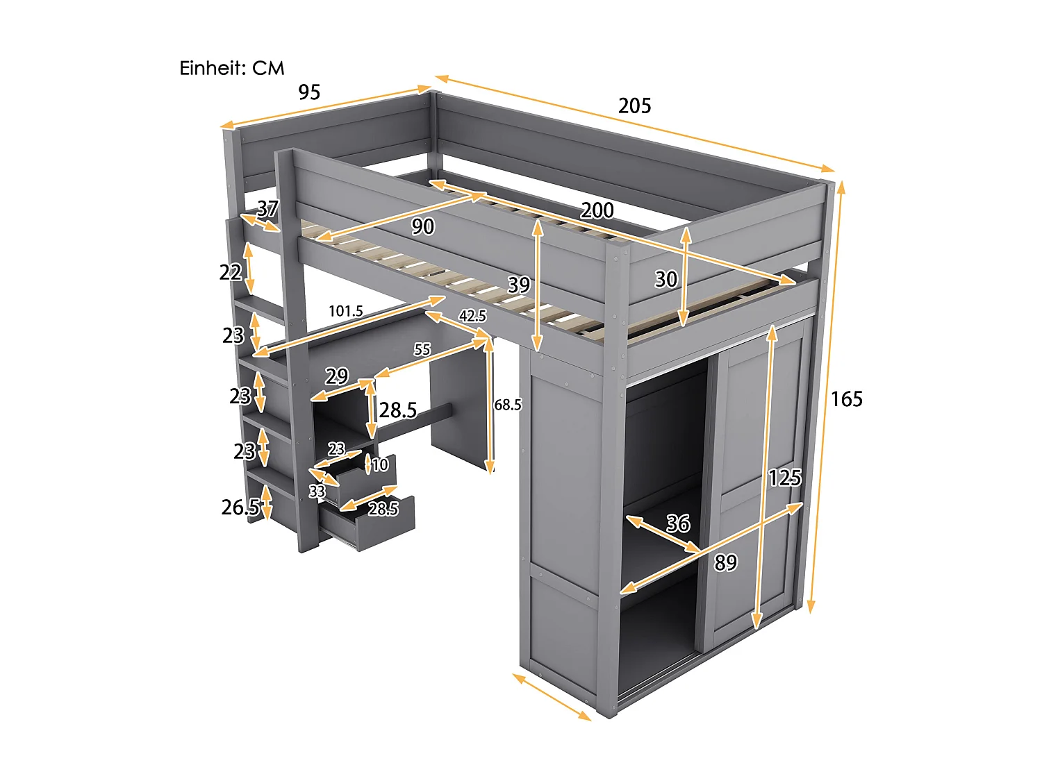 Lit mezzanine 90x200cm, lit enfant polyvalent, équipé d'armoire, bureau et tiroirs, échelle, sommier à lattes, pin, gris