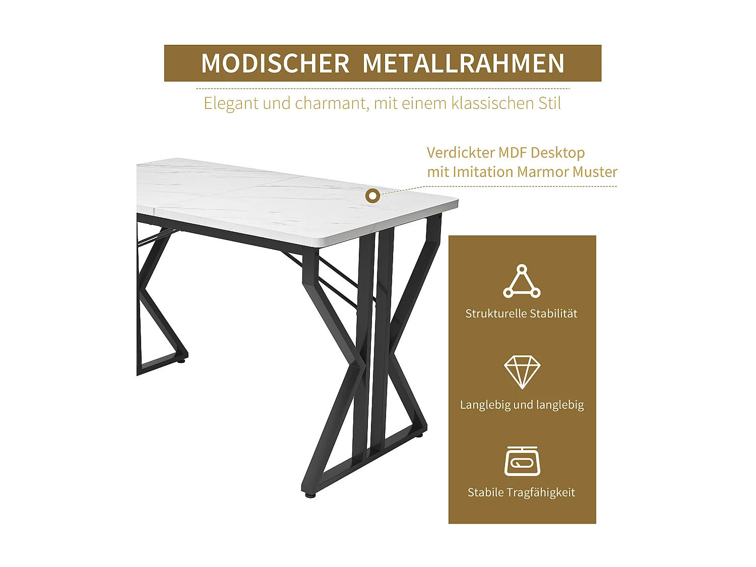 Rechthoekige eettafel voor 4 tot 6 couverts - 119 x 70 x 75 cm - MDF hout + metaal - Marmerpatroon - Wit + zwart