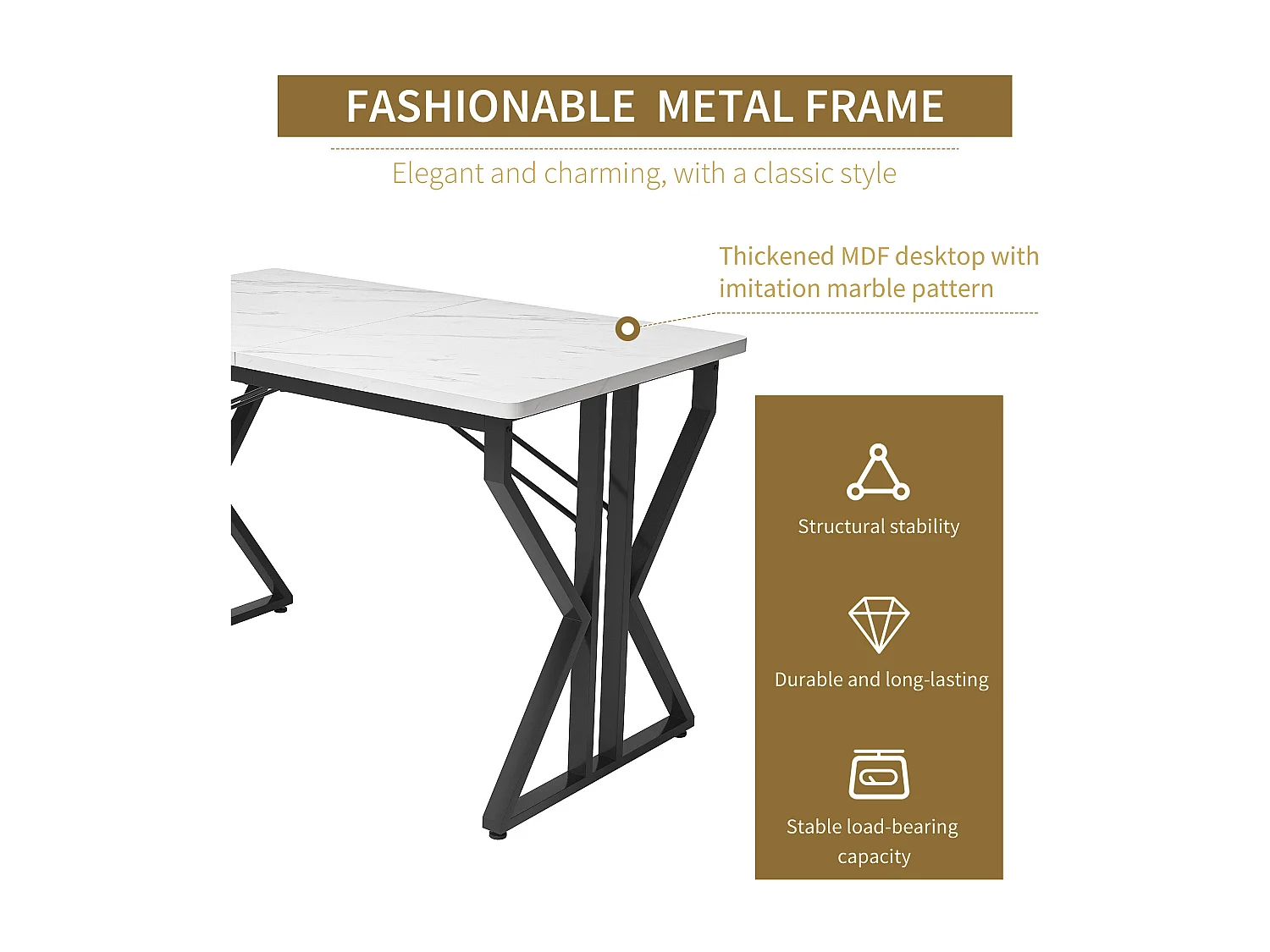 Rechthoekige eettafel voor 4 tot 6 couverts - 119 x 70 x 75 cm - MDF hout + metaal - Marmerpatroon - Wit + zwart