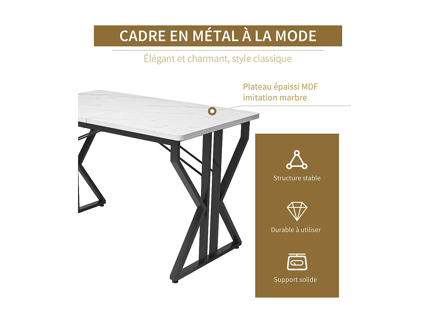 Rechthoekige eettafel voor 4 tot 6 couverts - 119 x 70 x 75 cm - MDF hout + metaal - Marmerpatroon - Wit + zwart