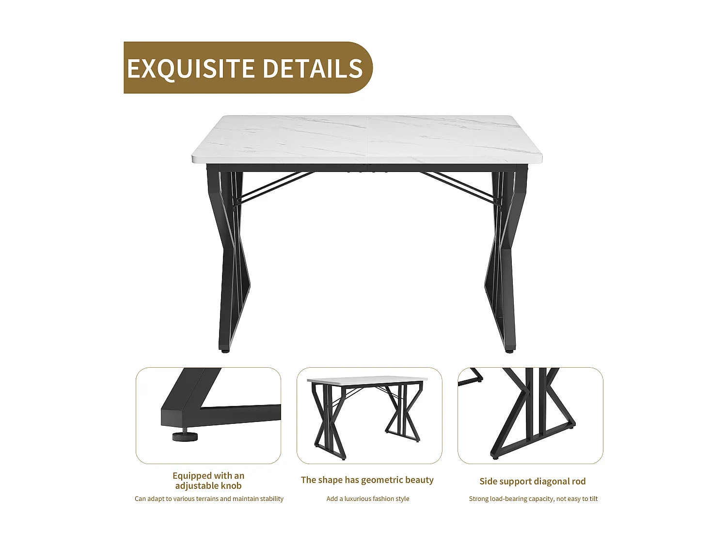 Rechthoekige eettafel voor 4 tot 6 couverts - 119 x 70 x 75 cm - MDF hout + metaal - Marmerpatroon - Wit + zwart