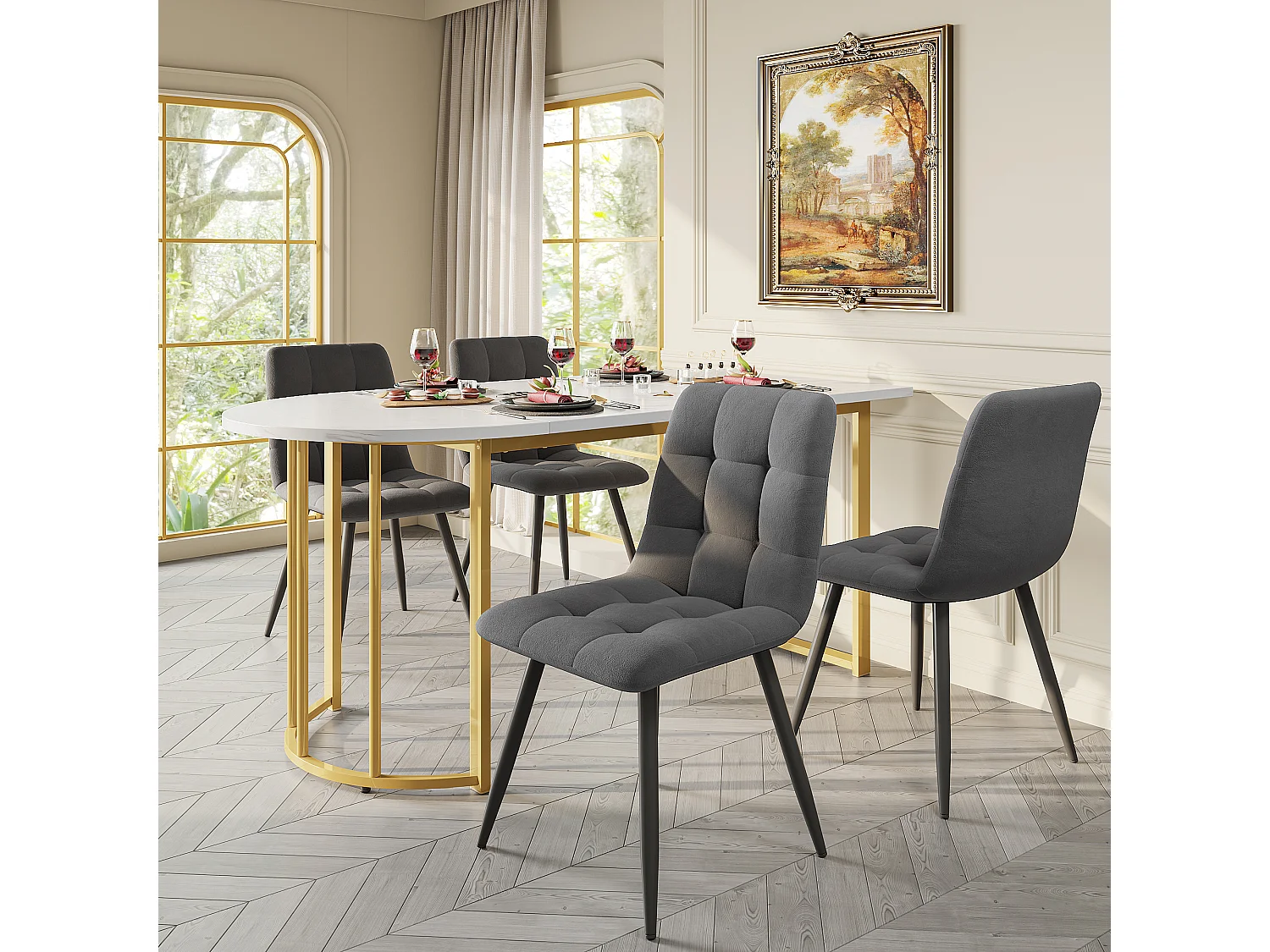 Table à manger 4 à 6 couverts - 118.5 x 70 x 75 cm - Bois MDF + métal - Motif marbre - Blanc + or