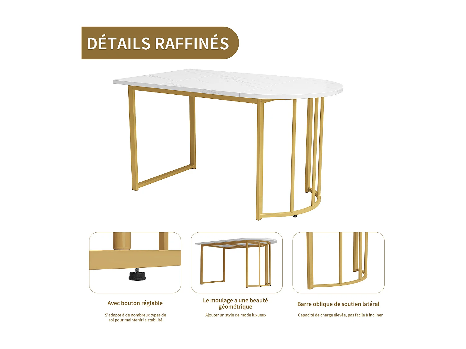 Table à manger 4 à 6 couverts - 118.5 x 70 x 75 cm - Bois MDF + métal - Motif marbre - Blanc + or