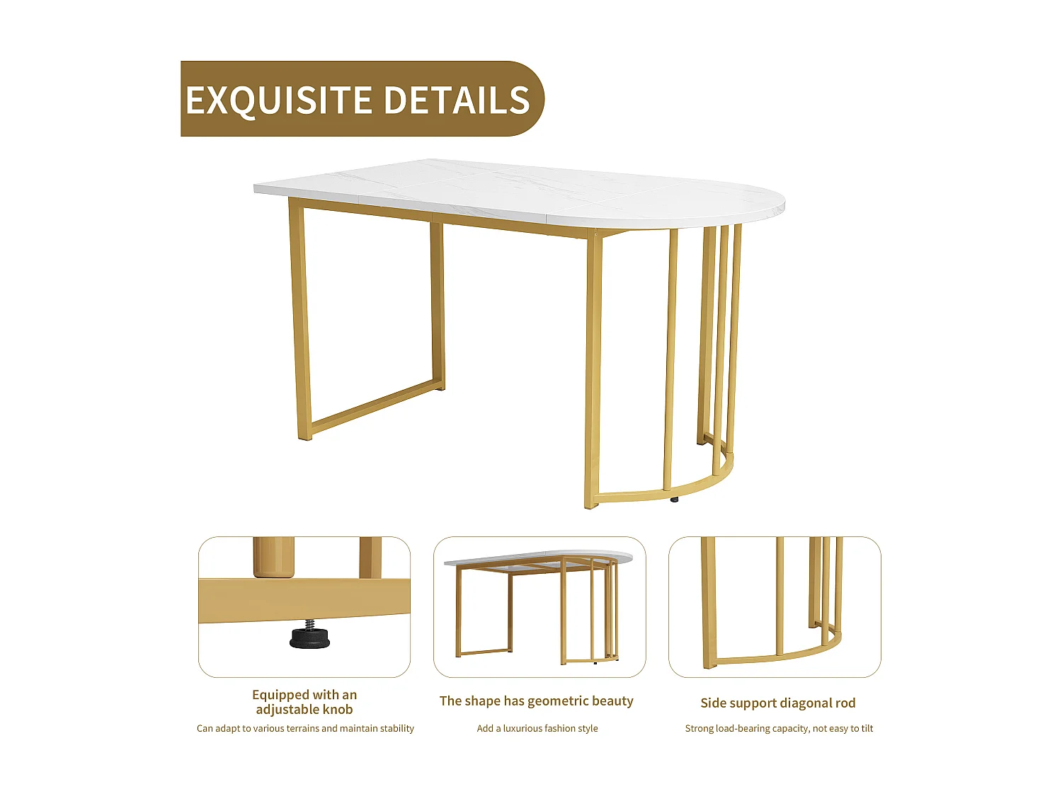 Table à manger 4 à 6 couverts - 118.5 x 70 x 75 cm - Bois MDF + métal - Motif marbre - Blanc + or