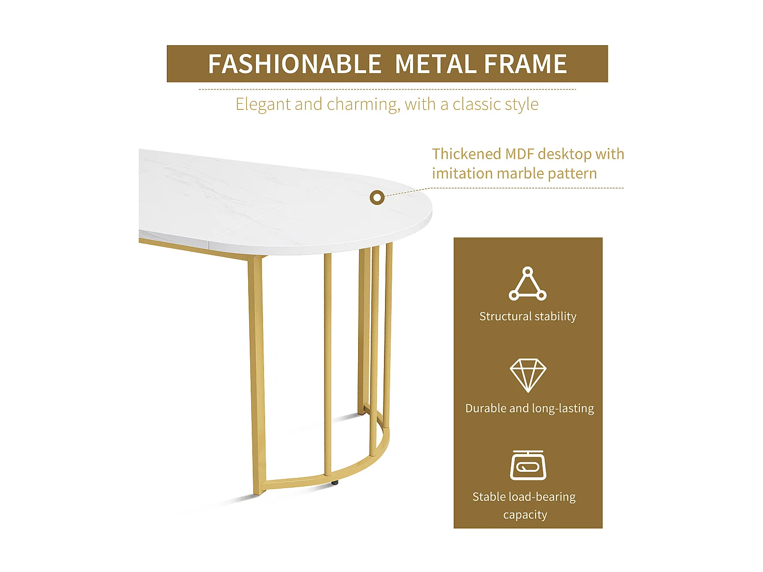 Table à manger 4 à 6 couverts - 118.5 x 70 x 75 cm - Bois MDF + métal - Motif marbre - Blanc + or