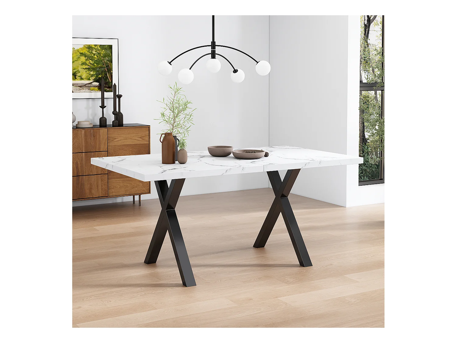 Table à manger rectangulaire 4 à 6 couverts - 140 x 80 x 76 cm - Bois MDF et métal - Motif marbre - Blanc + noir