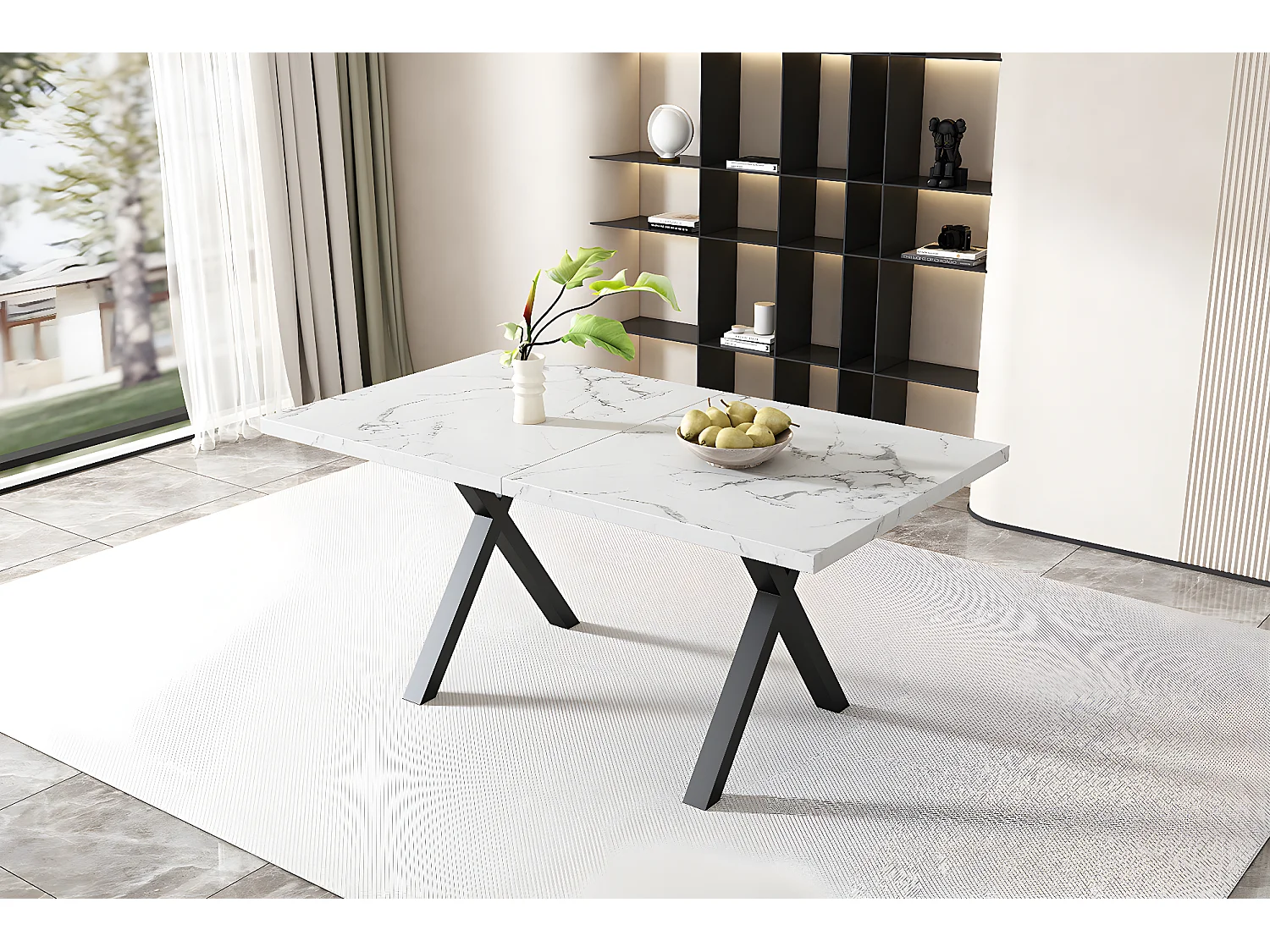 Mesa de jantar retangular para 4 a 6 talheres - 140 x 80 x 76 cm - Madeira MDF e metal - Padrão mármore - Branco + preto