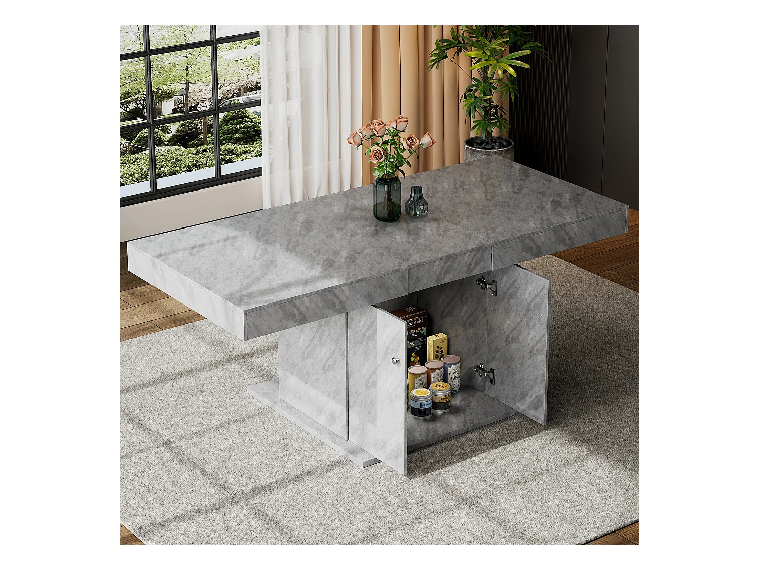 Uitschuifbare eettafel voor 4 tot 6 couverts met 2 deuren - L140/180xB80xH76cm - Spaanplaat - Grijs