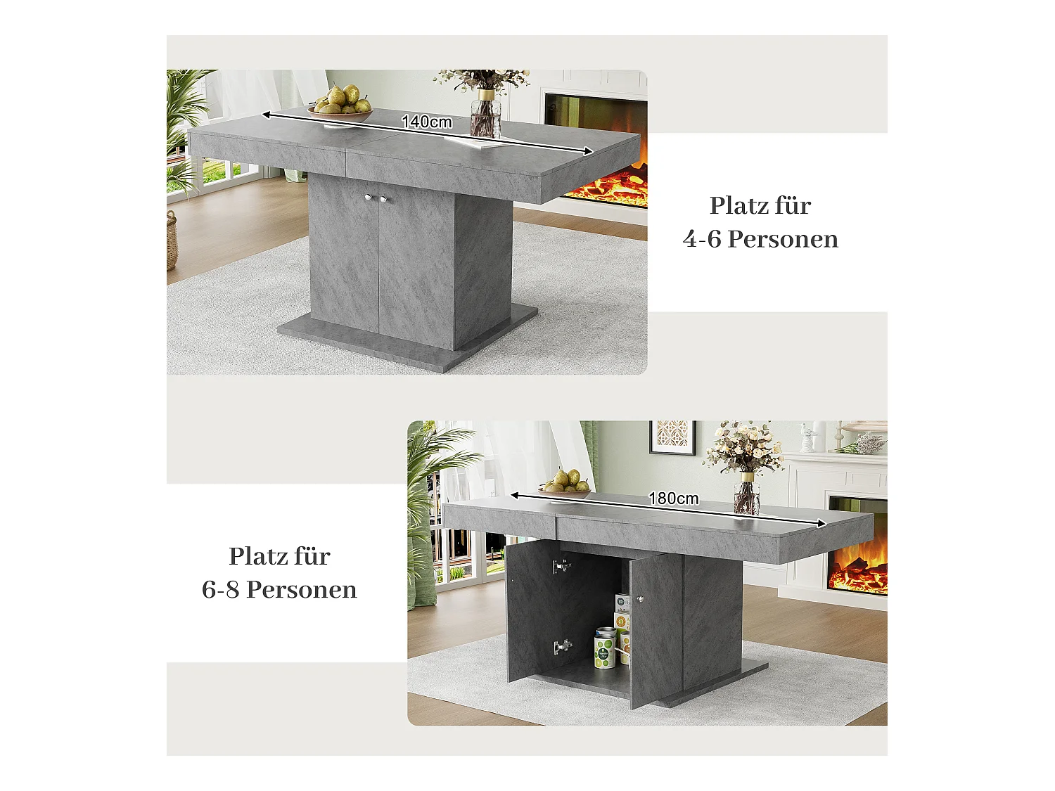 Mesa de comedor extensible para 4 a 6 cubiertos con 2 puertas - L140/180xW80xH76cm - Tablero de partículas - Gris