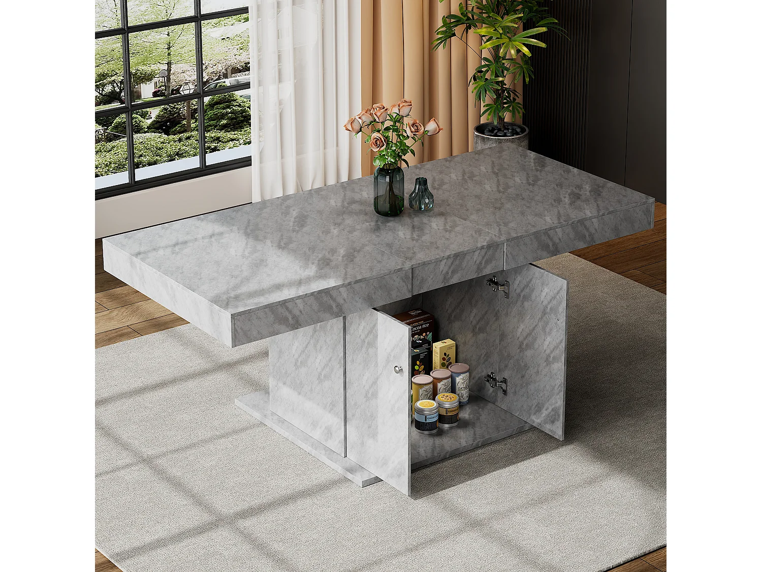 Mesa de comedor extensible para 4 a 6 cubiertos con 2 puertas - L140/180xW80xH76cm - Tablero de partículas - Gris