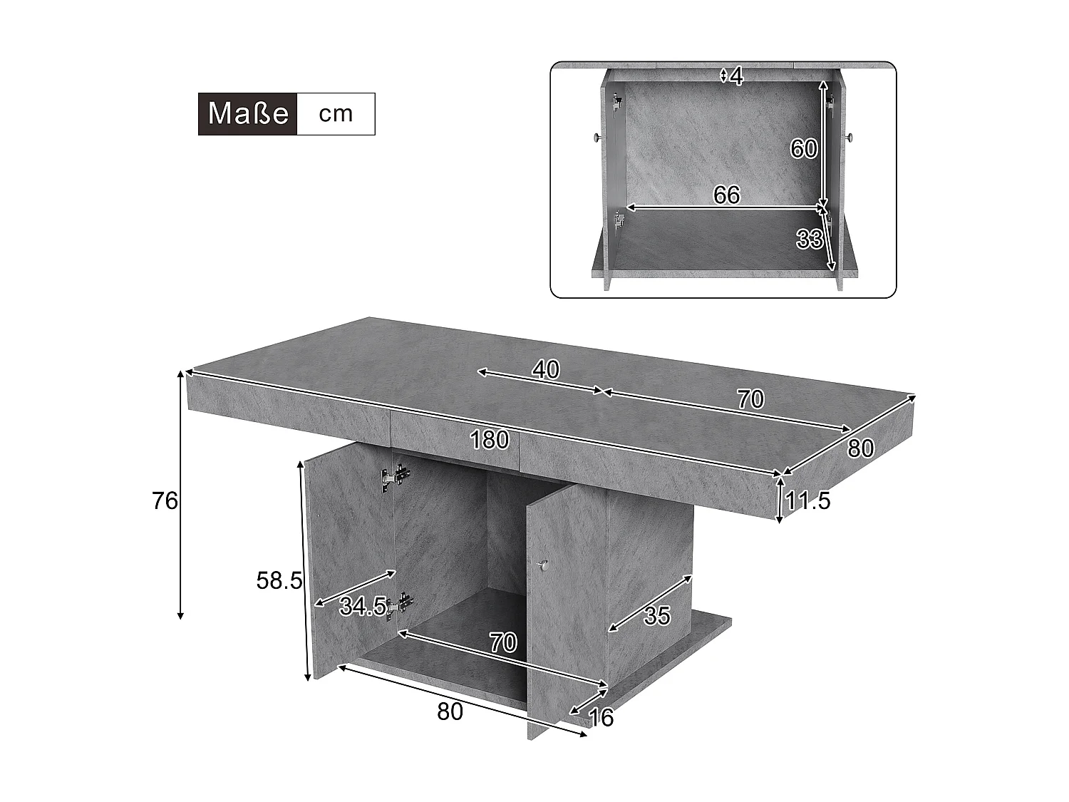 Table à manger extensible 4 à 6 couverts avec 2 portes - L140/180xW80xH76cm - Panneau de particules - Gris
