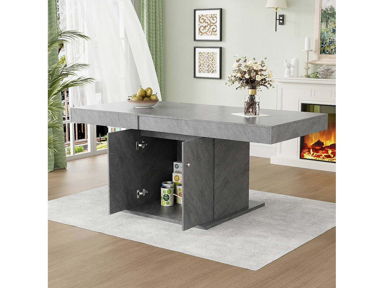 Table à manger extensible 4 à 6 couverts avec 2 portes - L140/180xW80xH76cm - Panneau de particules - Gris