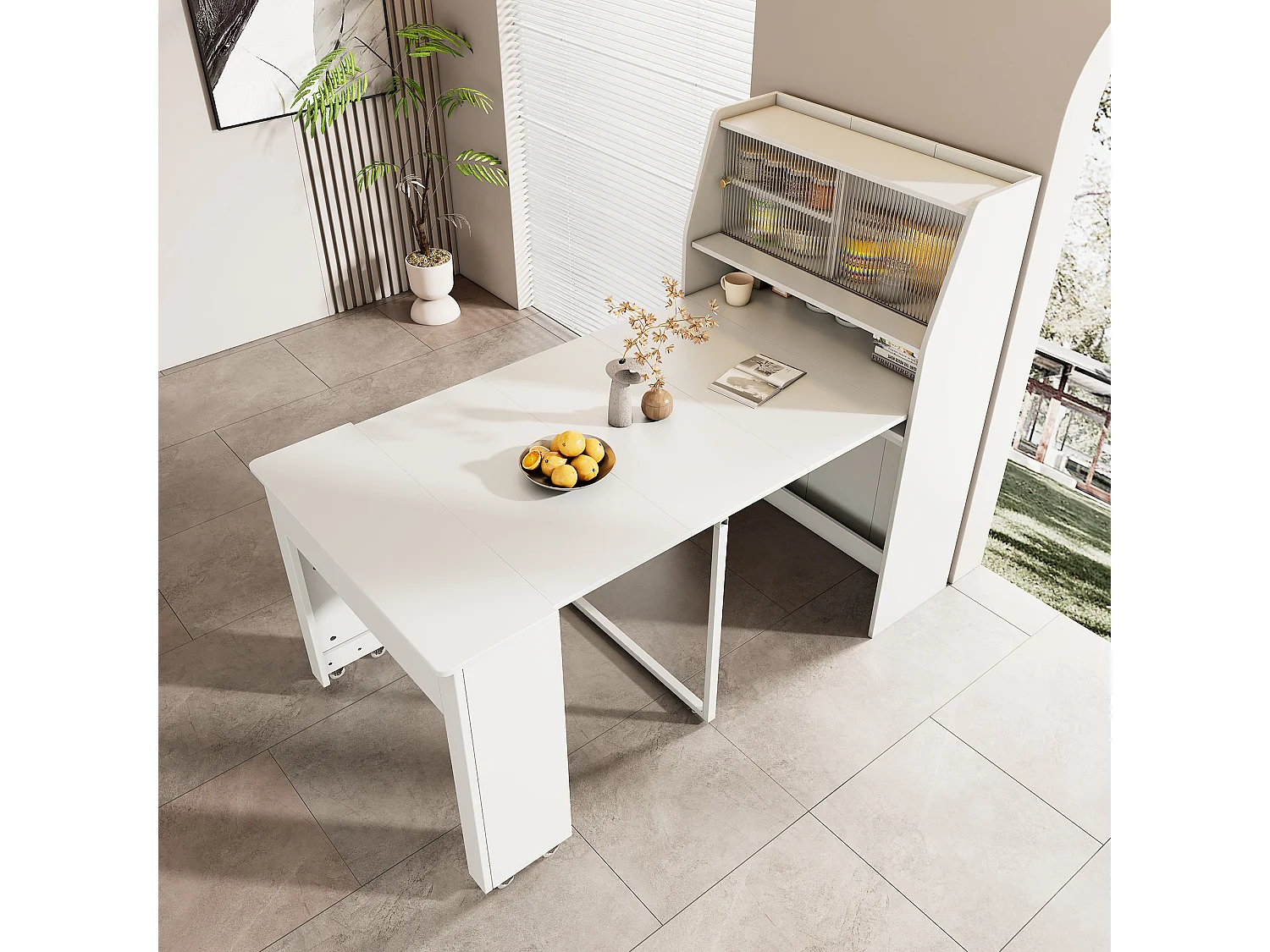 Uitschuifbare eettafel voor 4 tot 6 couverts met kast - L52/132,5xB80xH76cm - Spaanplaat - Wit