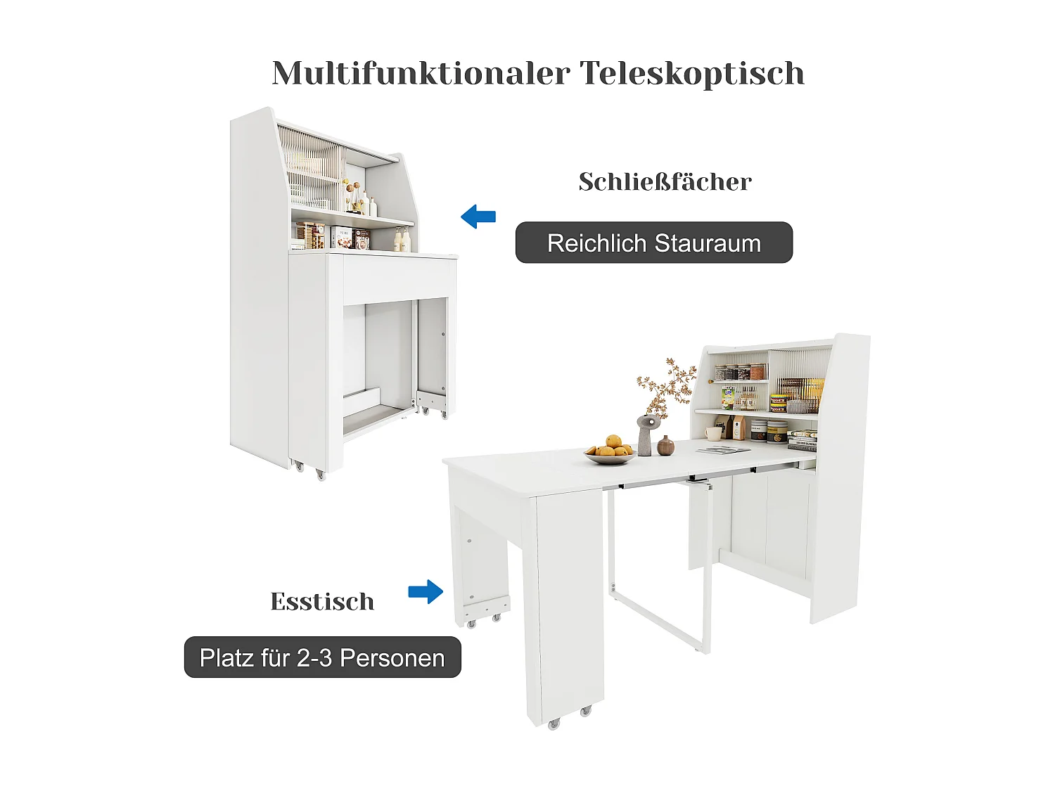 Uitschuifbare eettafel voor 4 tot 6 couverts met kast - L52/132,5xB80xH76cm - Spaanplaat - Wit