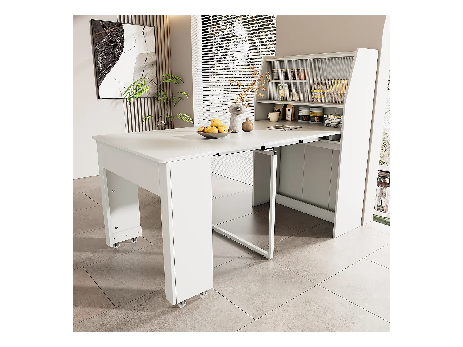 Table à manger extensible 4 à 6 couverts avec placard -  L52/132.5xB80xH76cm - Panneau de particules - Blanc