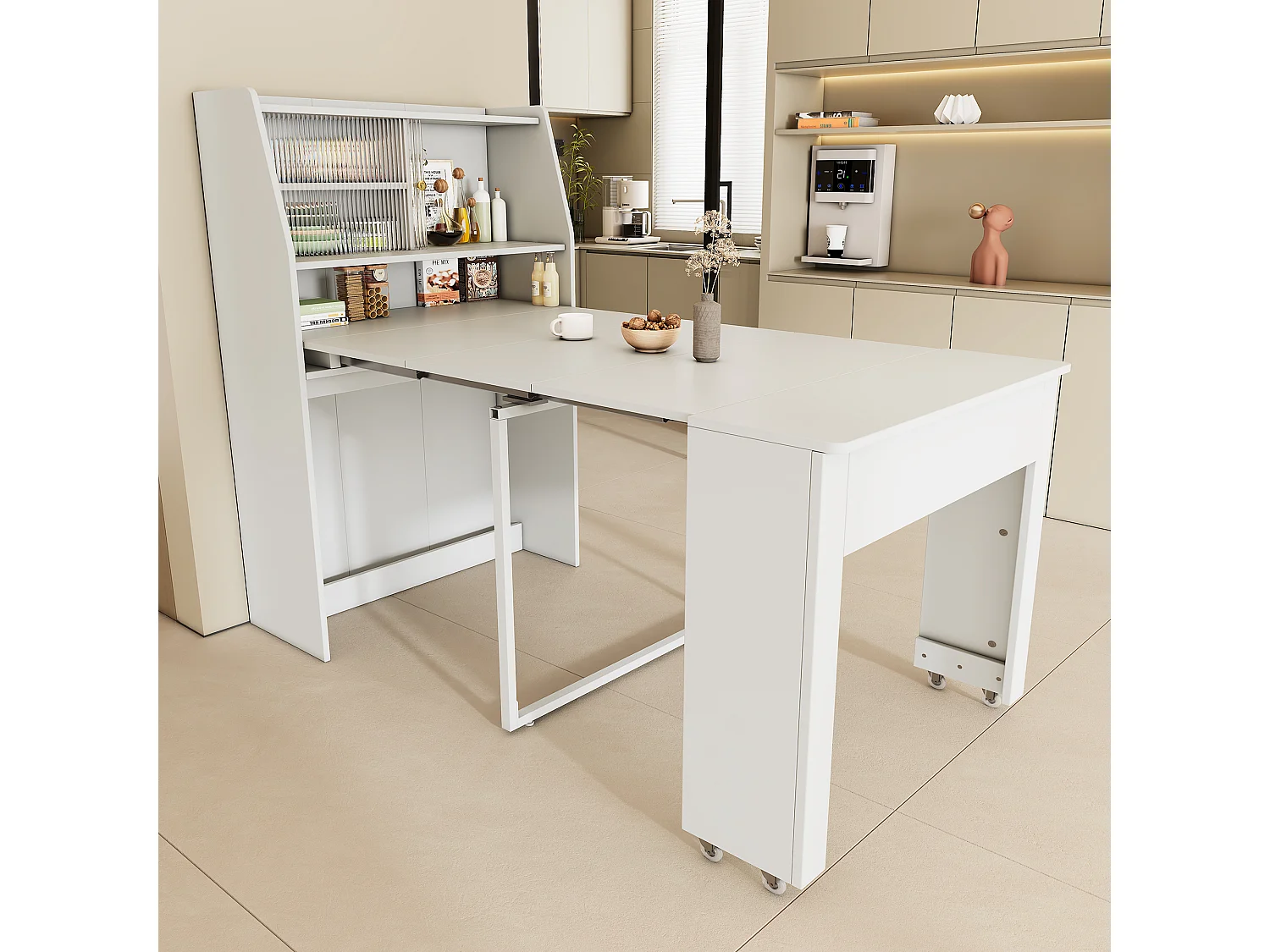 Table à manger extensible 4 à 6 couverts avec placard -  L52/132.5xB80xH76cm - Panneau de particules - Blanc