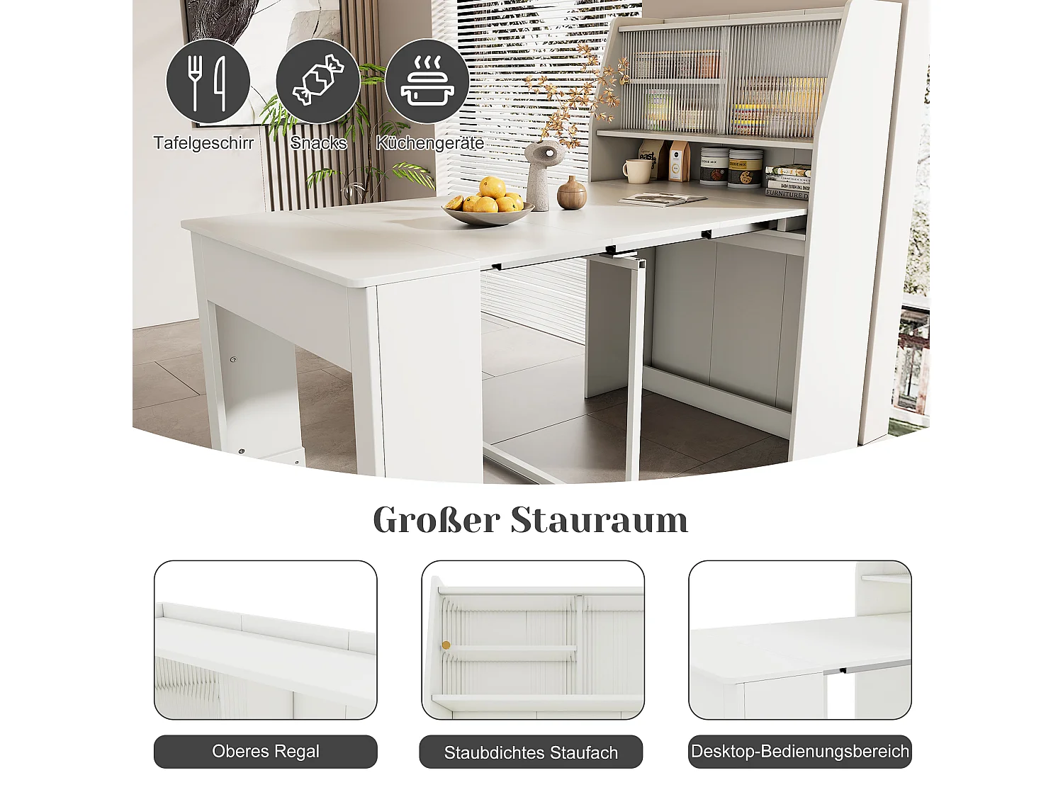 Table à manger extensible 4 à 6 couverts avec placard -  L52/132.5xB80xH76cm - Panneau de particules - Blanc