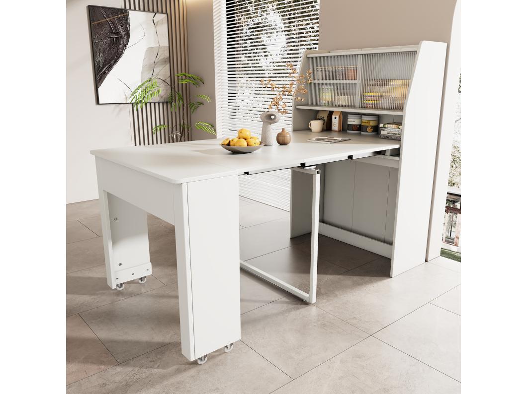 Tavolo da pranzo allungabile per 4-6 coperti con armadio - L52/132,5xP80xH76cm - Truciolare - Bianco