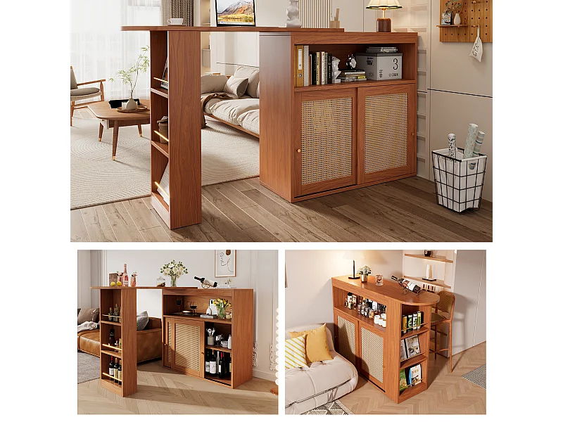Meuble de bar extensible - 3 étagères et 2 portes coulissantes en rotin - Bois MDF- Marron