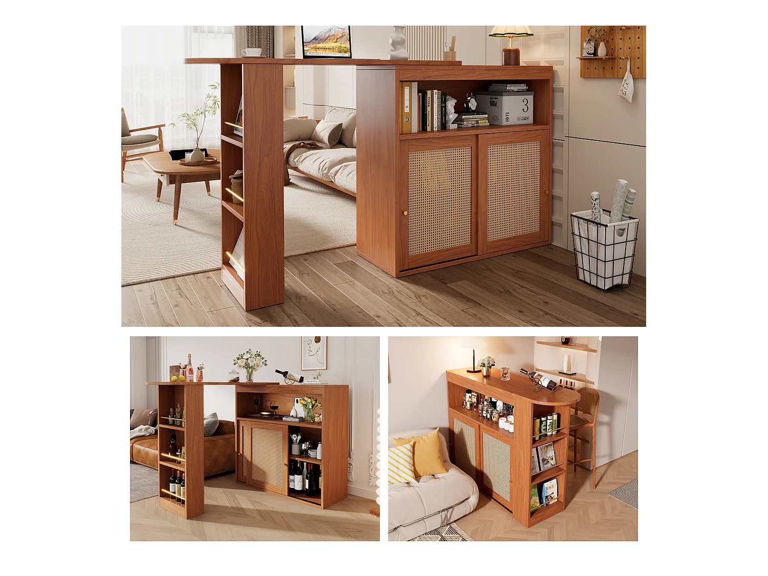 Meuble de bar extensible - 3 étagères et 2 portes coulissantes en rotin - Bois MDF- Marron