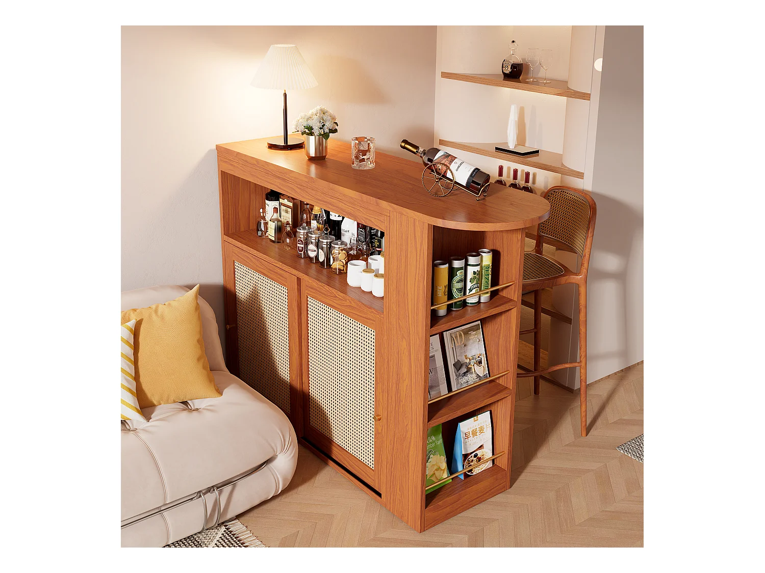 Meuble de bar extensible - 3 étagères et 2 portes coulissantes en rotin - Bois MDF- Marron