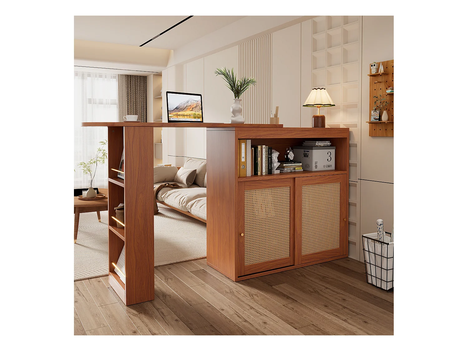 Meuble de bar extensible - 3 étagères et 2 portes coulissantes en rotin - Bois MDF- Marron