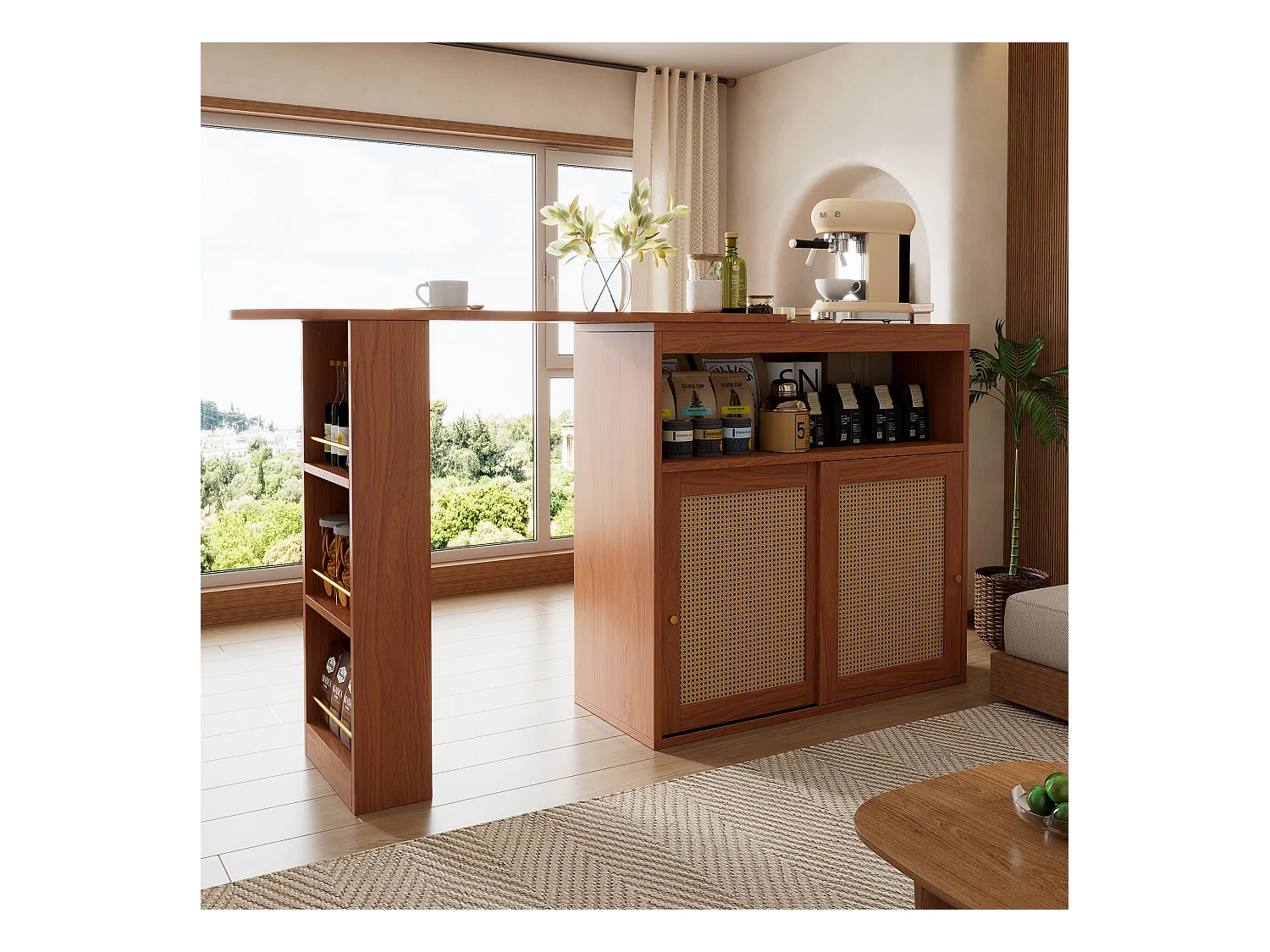 Meuble de bar extensible - 3 étagères et 2 portes coulissantes en rotin - Bois MDF- Marron