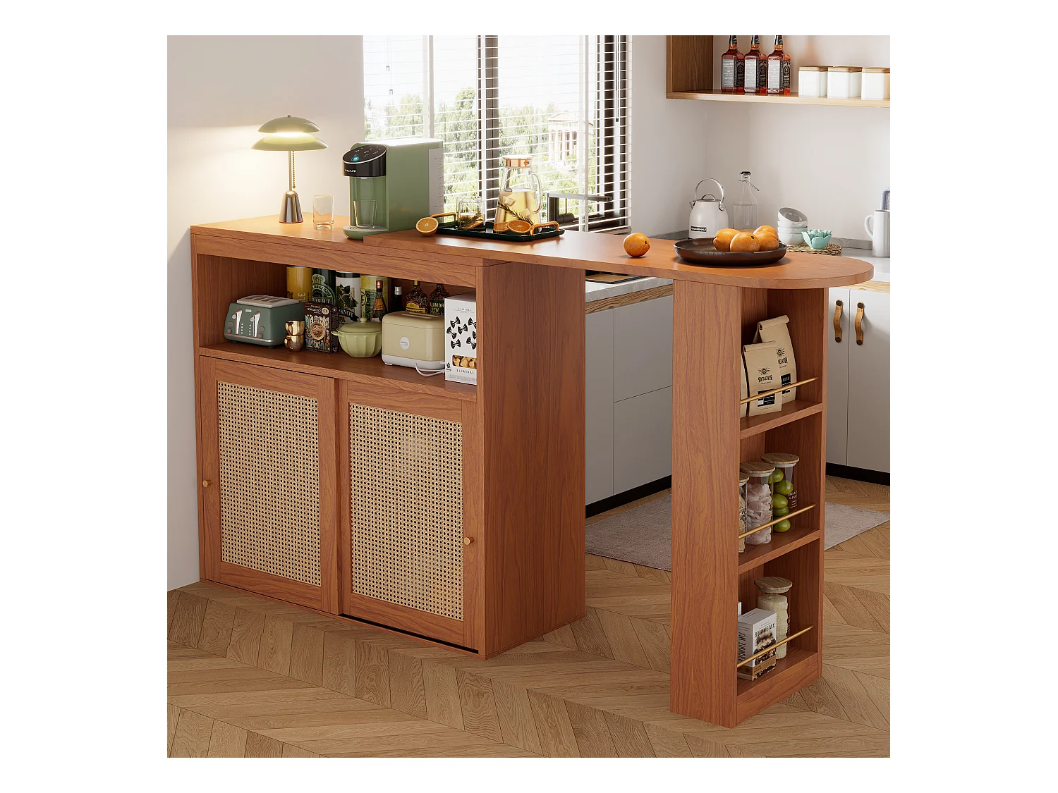 Meuble de bar extensible - 3 étagères et 2 portes coulissantes en rotin - Bois MDF- Marron