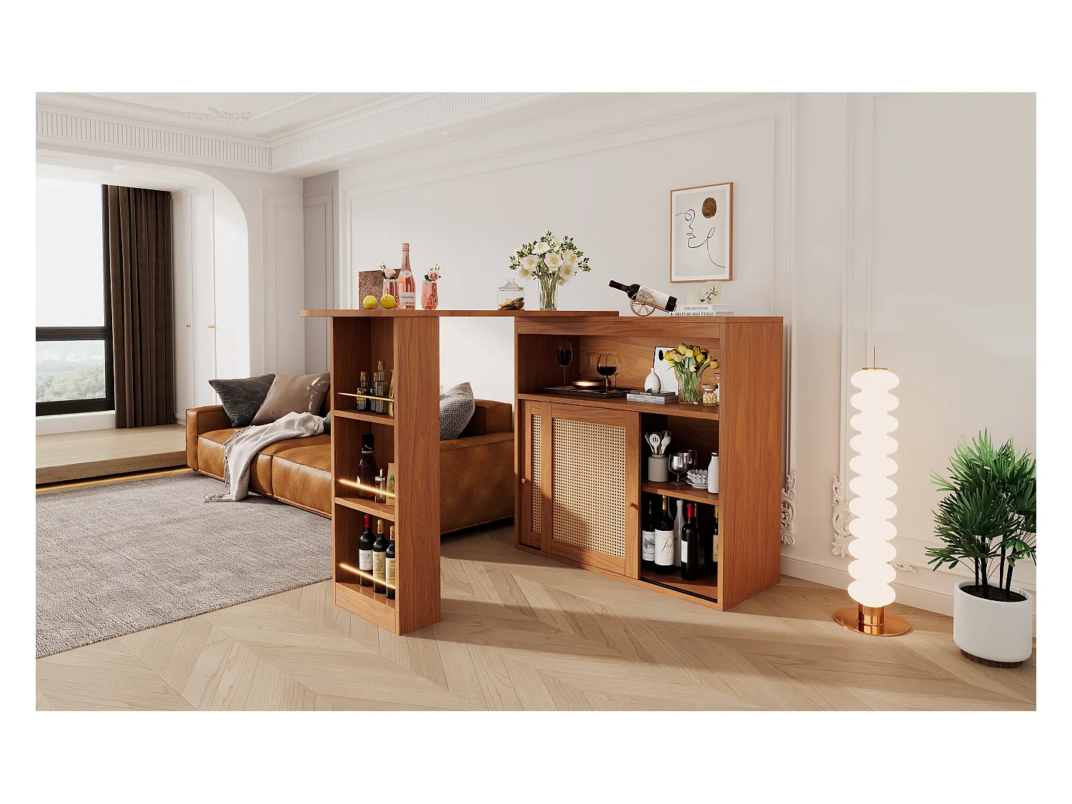 Meuble de bar extensible - 3 étagères et 2 portes coulissantes en rotin - Bois MDF- Marron
