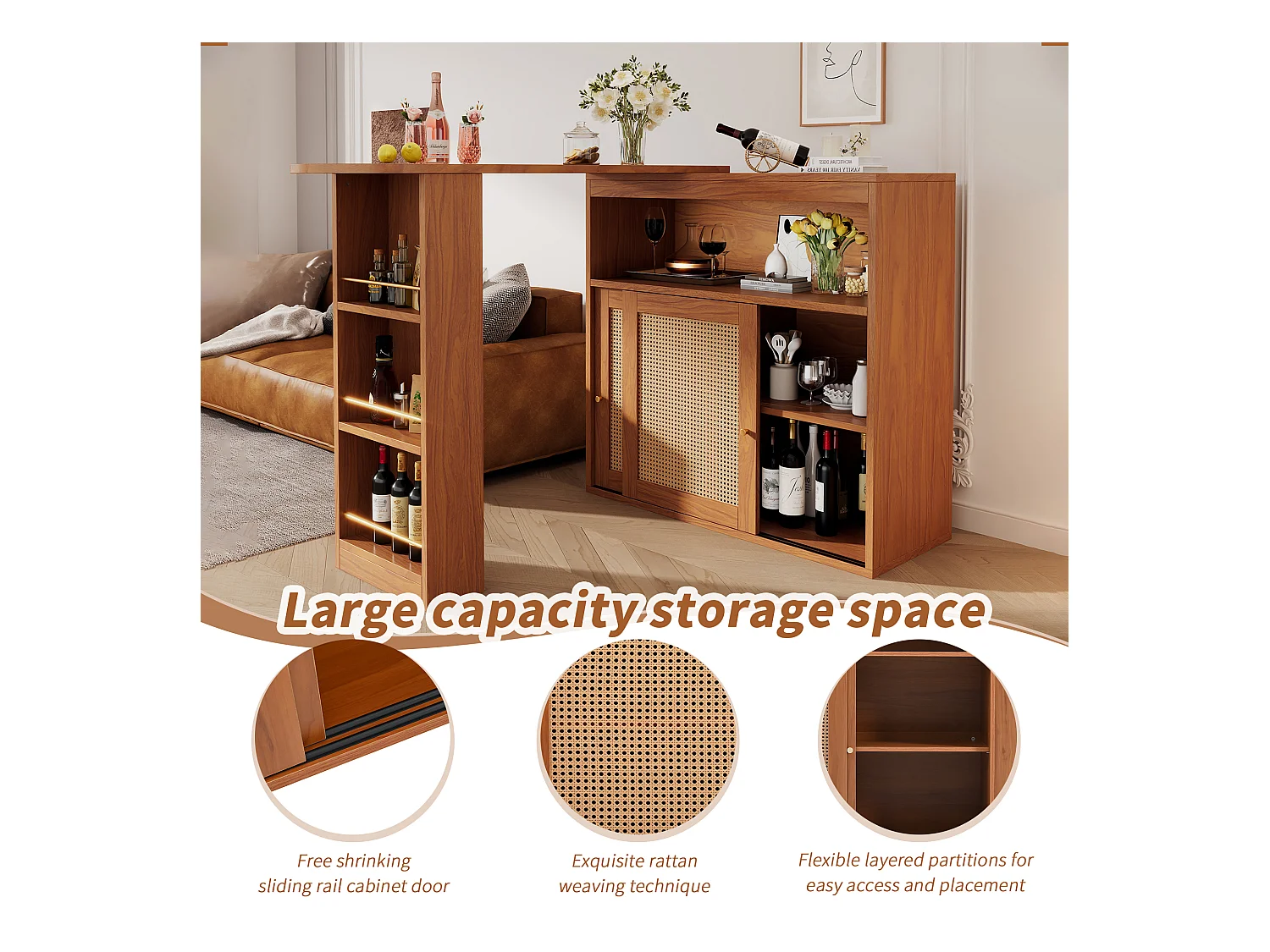 Meuble de bar extensible - 3 étagères et 2 portes coulissantes en rotin - Bois MDF- Marron