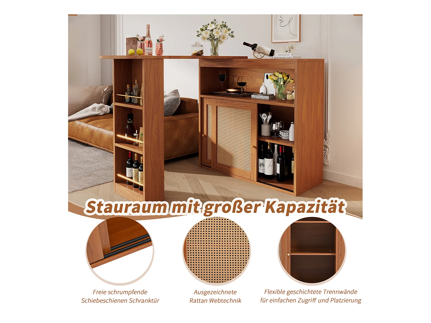 Meuble de bar extensible - 3 étagères et 2 portes coulissantes en rotin - Bois MDF- Marron