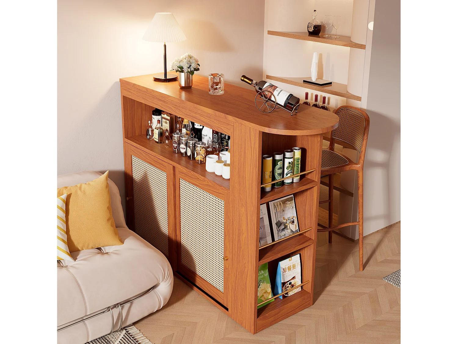 Ausziehbarer Barschrank – 3 Regale und 2 Schiebetüren aus Rattan – MDF-Holz – Braun