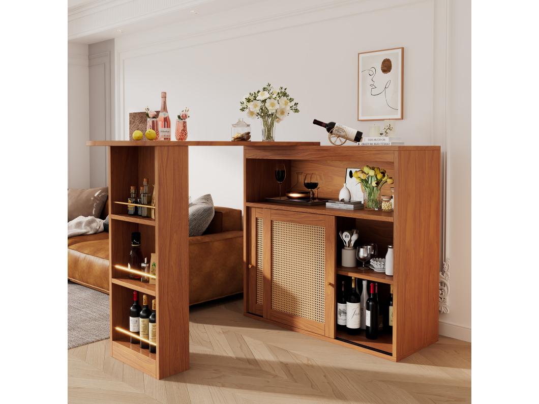 Mobile bar allungabile - 3 ripiani e 2 ante scorrevoli in rattan - Legno MDF - Marrone