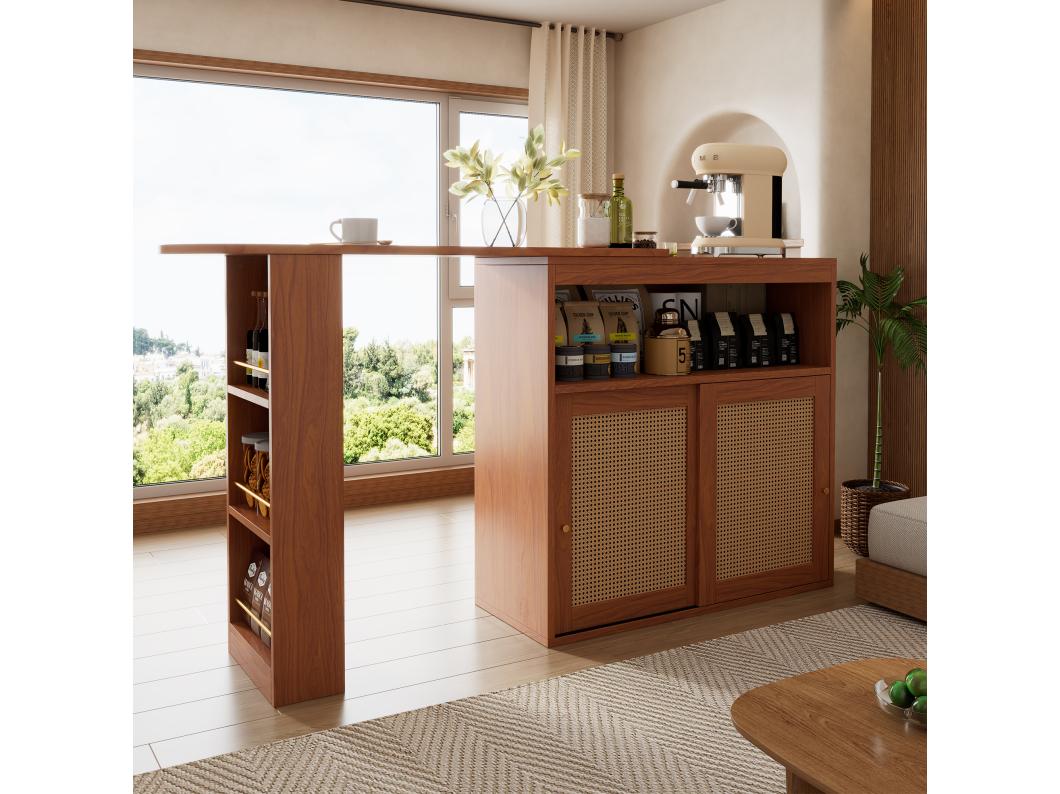 Meuble de bar extensible - 3 étagères et 2 portes coulissantes en rotin - Bois MDF- Marron