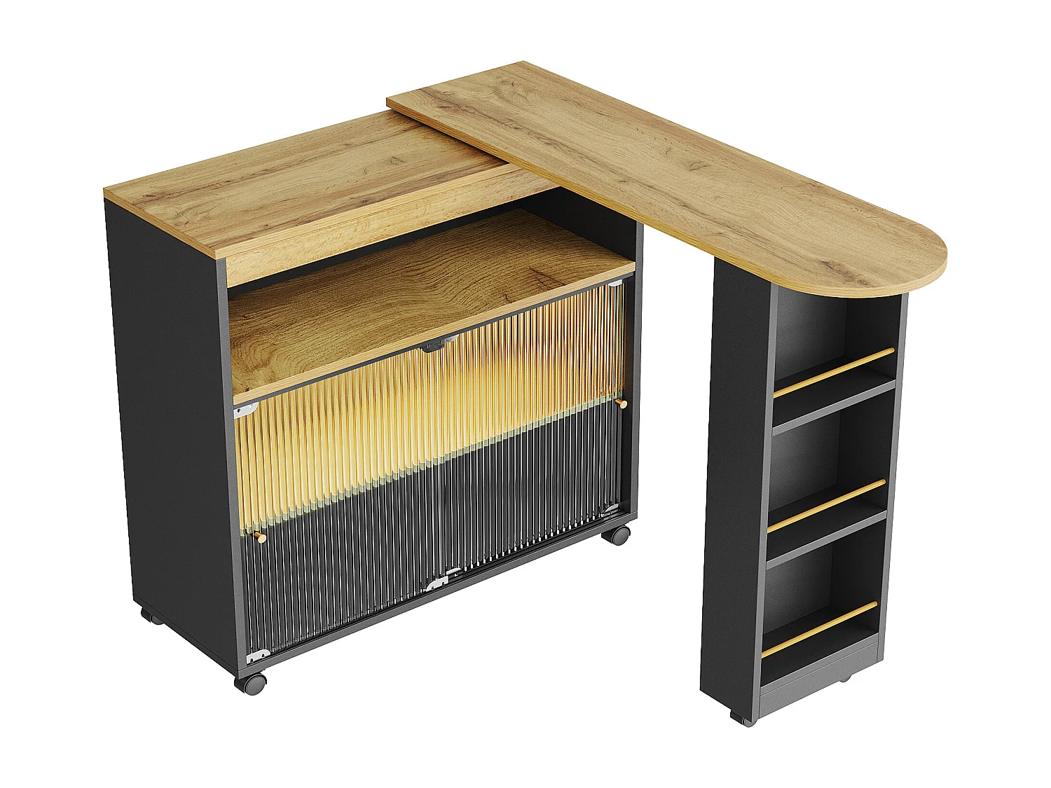 Mobile bar allungabile - 2 ante scorrevoli in vetro, 3 ripiani portaoggetti e nicchia - Piano in MDF effetto legno - LED - Naturale e bianco