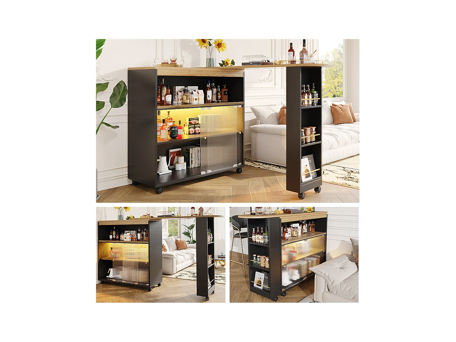Meuble de bar extensible - 2 portes en verre coulissantes, 3 étagères de rangement & niche - MDF plateau effet bois - LEDs - Naturel et noir