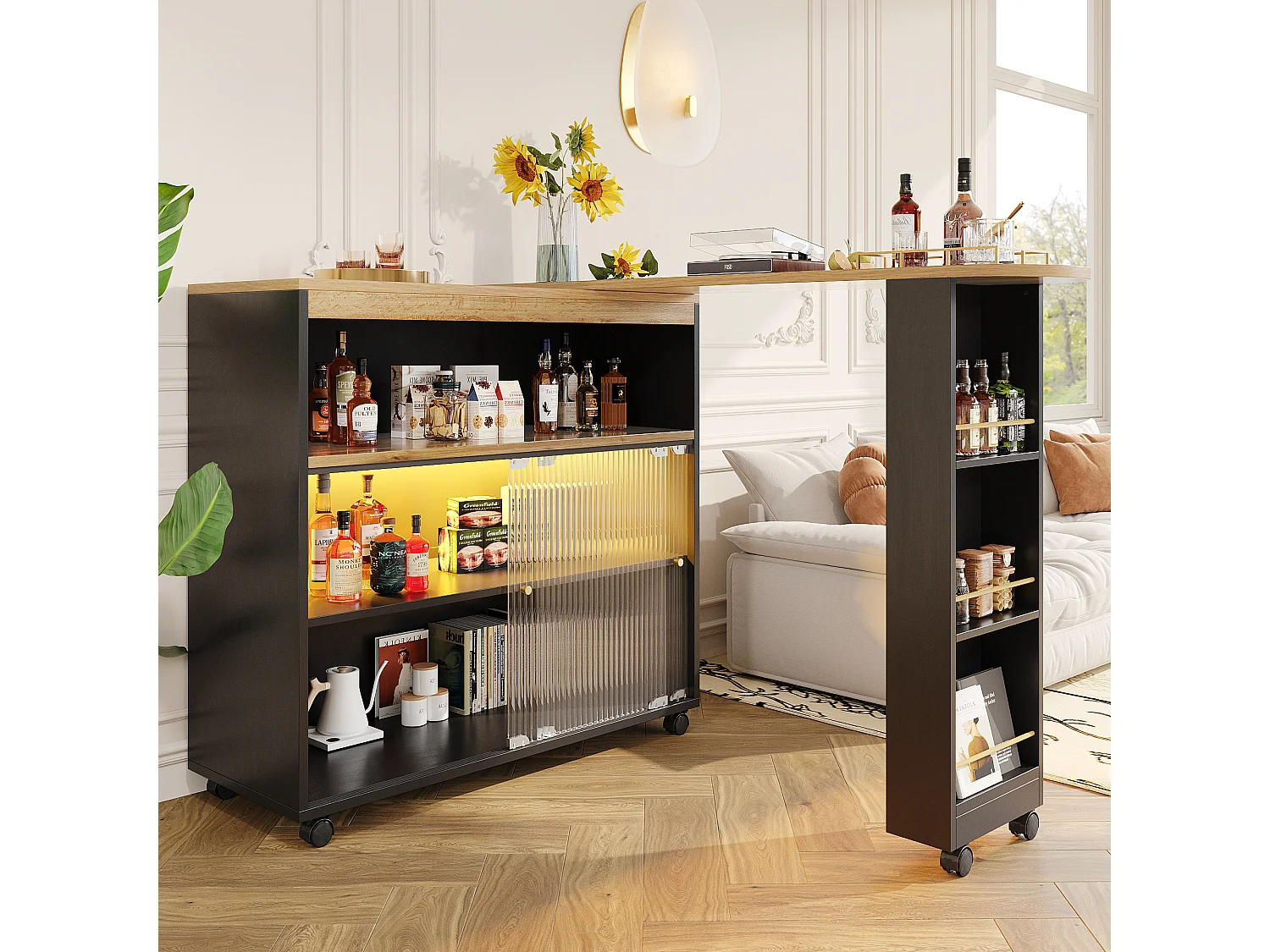 Uitschuifbare barkast - 2 glazen schuifdeuren, 3 opbergplanken en nis - Bovenblad met MDF-houteffect - LED's - Naturel en wit