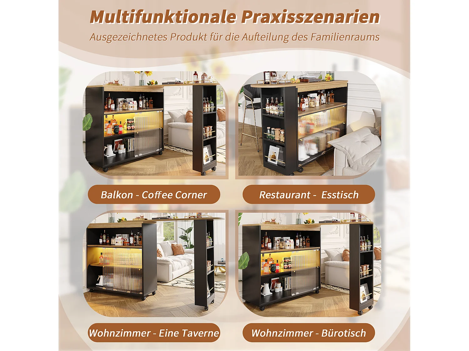 Uitschuifbare barkast - 2 glazen schuifdeuren, 3 opbergplanken en nis - Bovenblad met MDF-houteffect - LED's - Naturel en wit