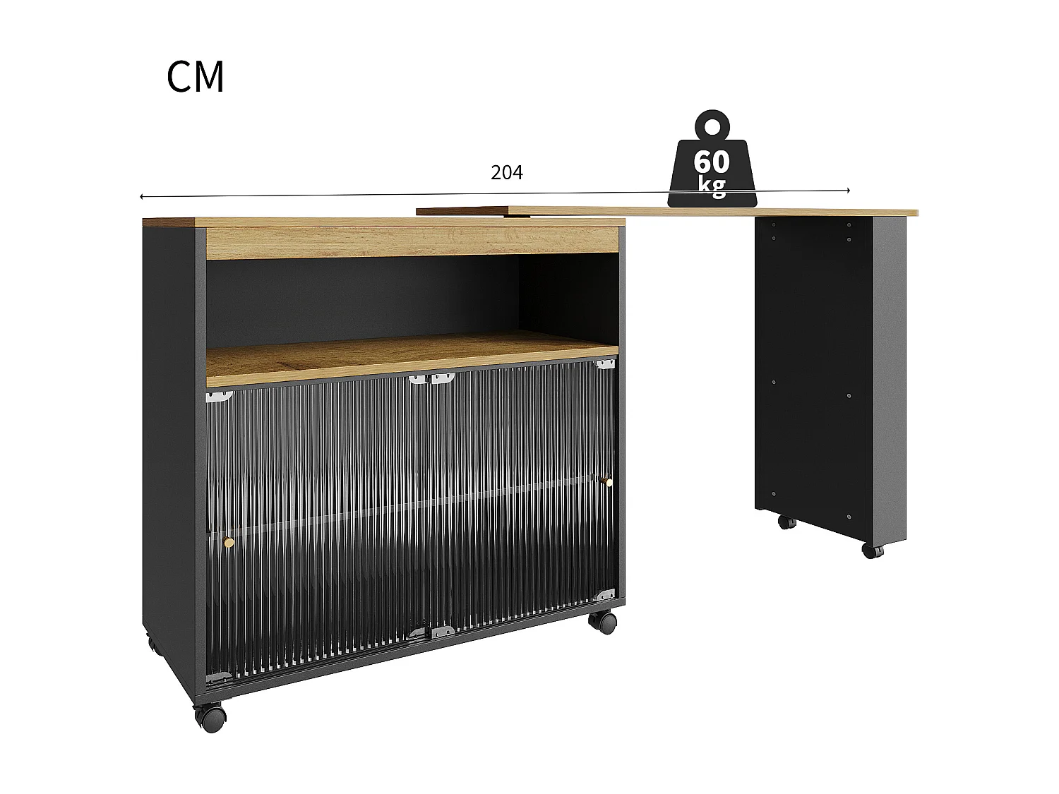 Uitschuifbare barkast - 2 glazen schuifdeuren, 3 opbergplanken en nis - Bovenblad met MDF-houteffect - LED's - Naturel en wit