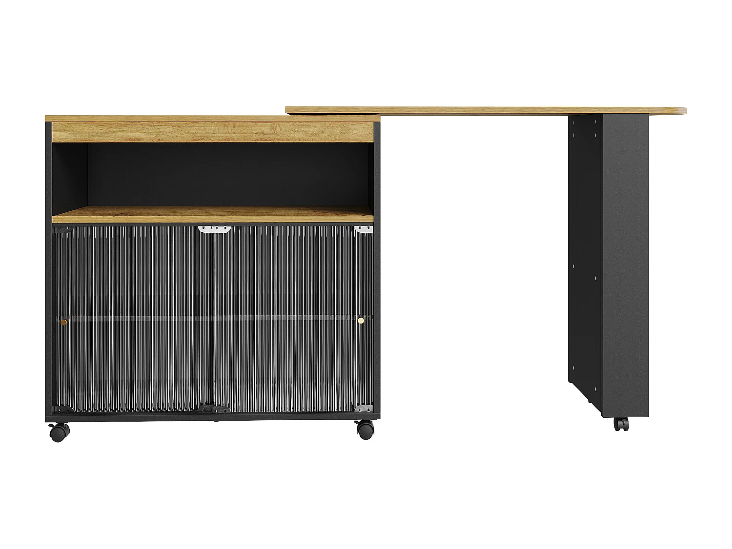 Uitschuifbare barkast - 2 glazen schuifdeuren, 3 opbergplanken en nis - Bovenblad met MDF-houteffect - LED's - Naturel en wit