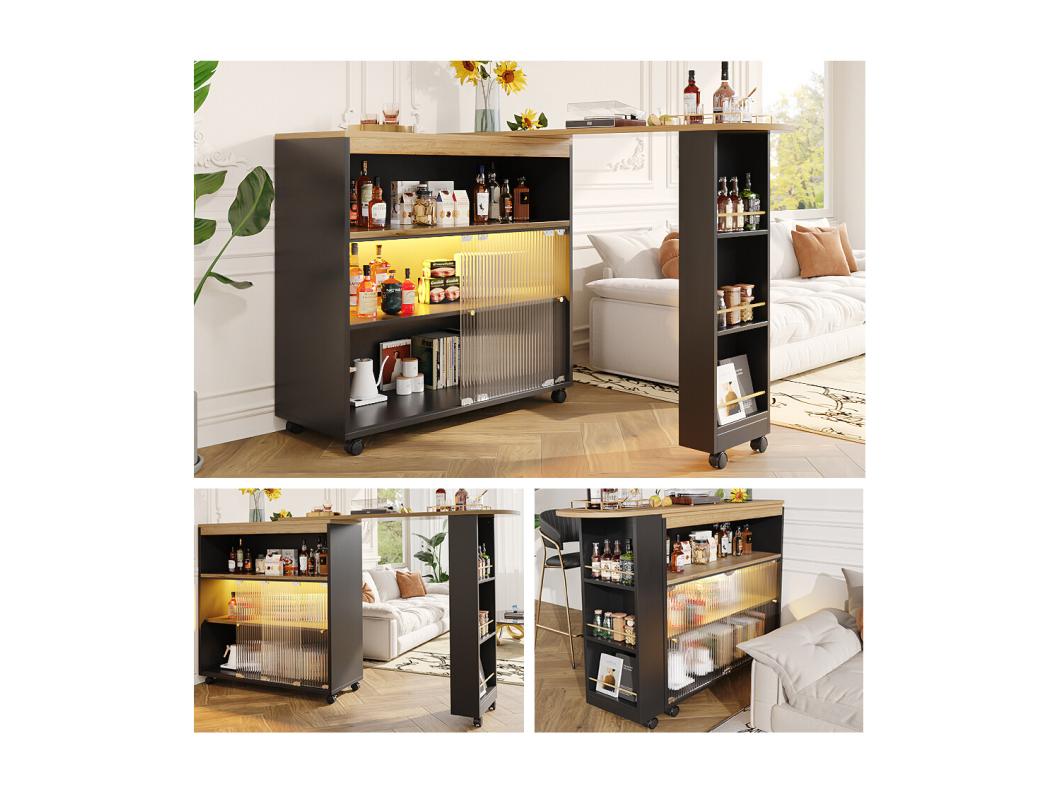Mobile bar allungabile - 2 ante scorrevoli in vetro, 3 ripiani portaoggetti e nicchia - Piano in MDF effetto legno - LED - Naturale e bianco