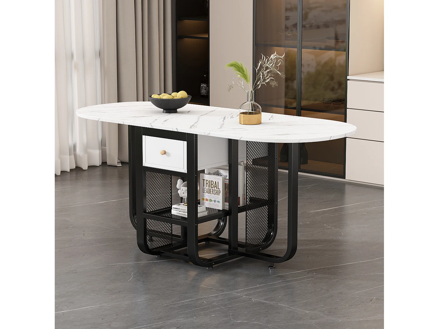 Uitschuifbare eettafel voor 2 tot 6 couverts met laden en planken - Spaanplaat en metaal - wit + zwart