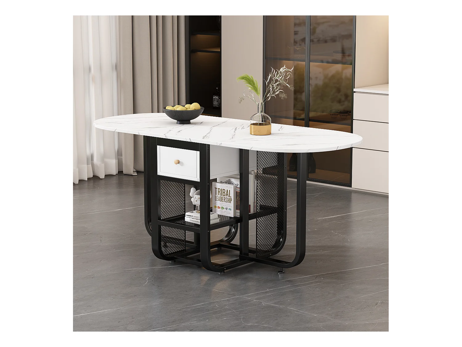 Table à manger extensible 2 à 6 couverts avec tiroirs et étagères - Panneau de particules et métal - blanc + noir