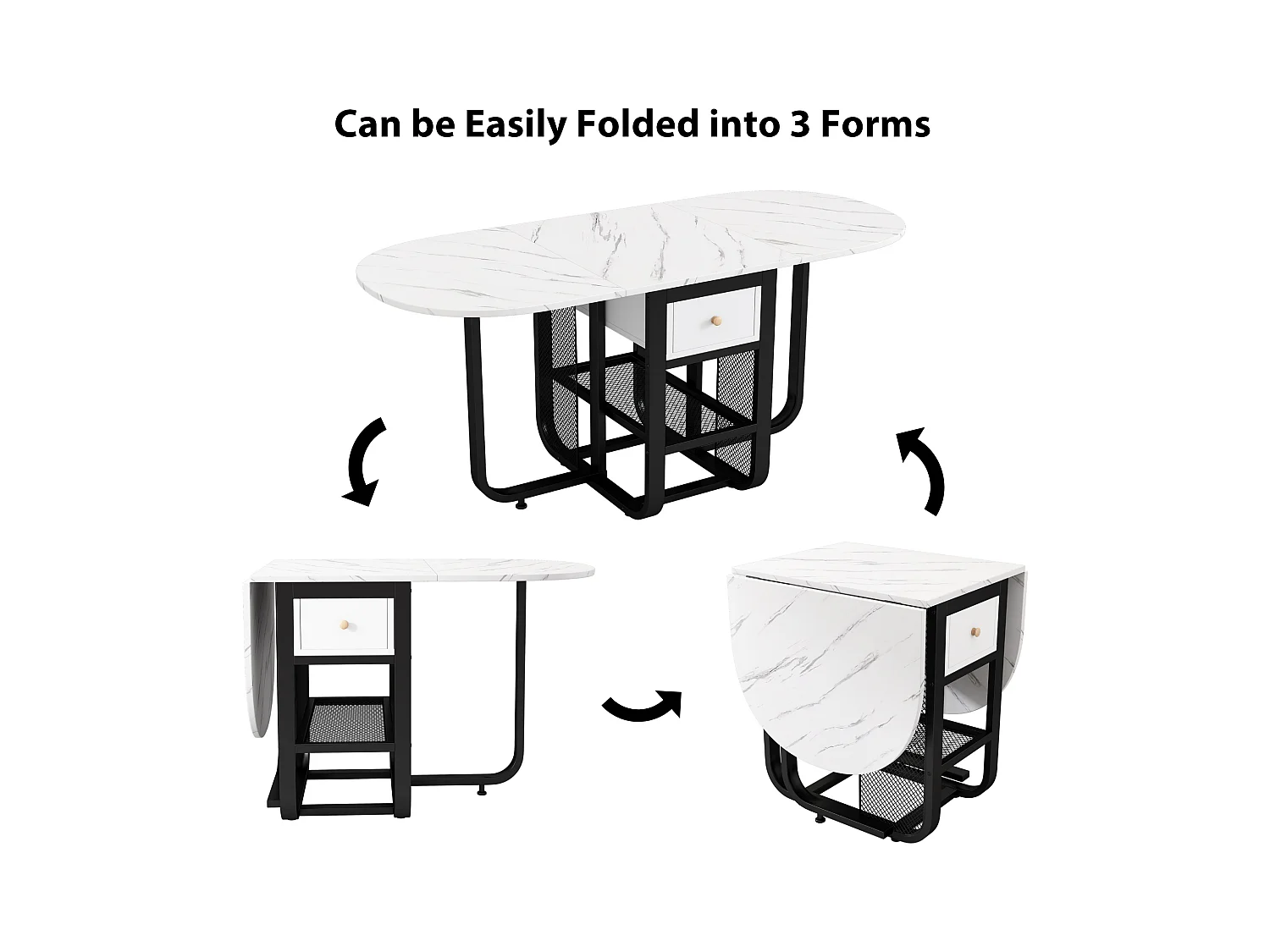 Table à manger extensible 2 à 6 couverts avec tiroirs et étagères - Panneau de particules et métal - blanc + noir