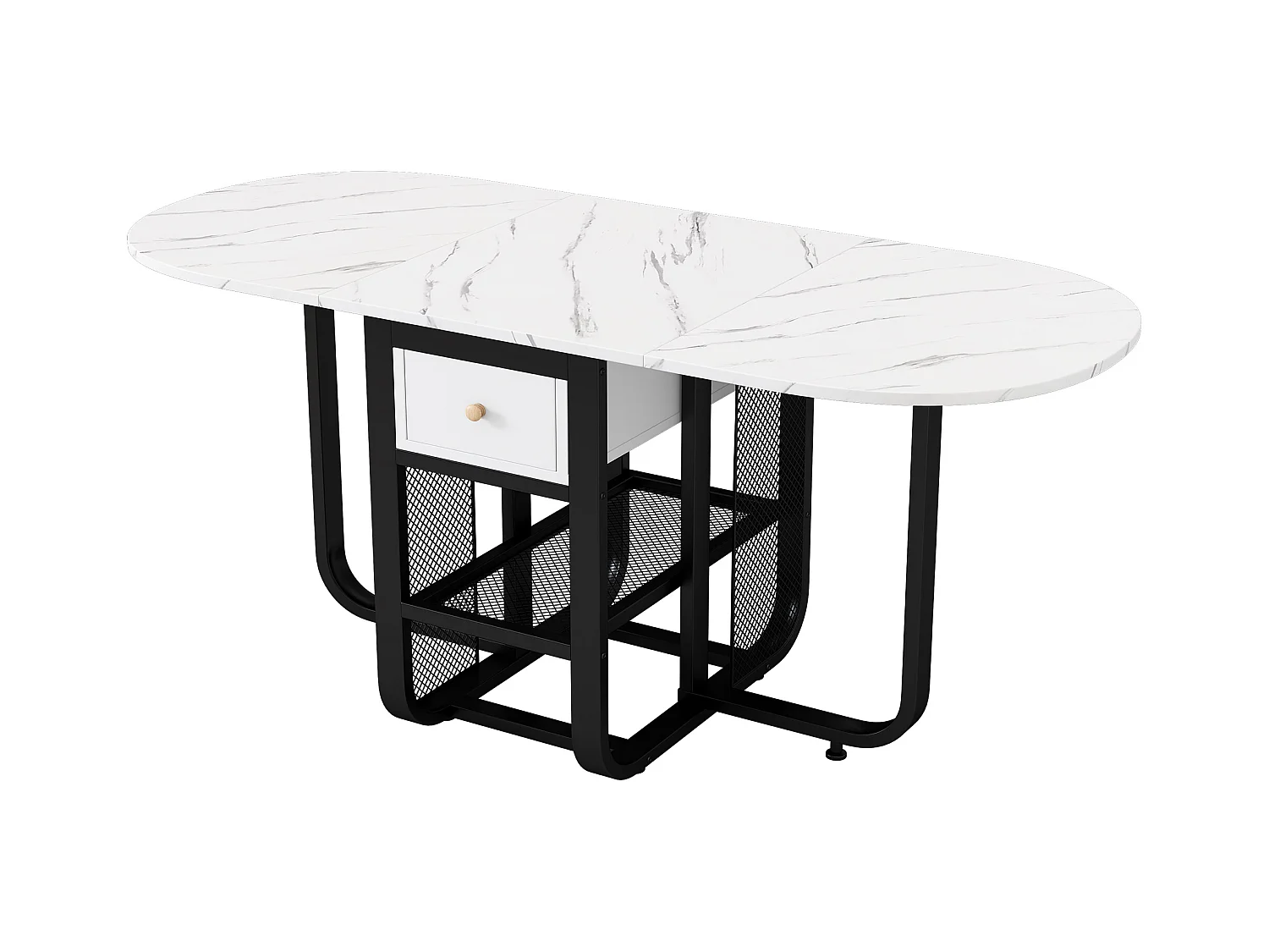 Table à manger extensible 2 à 6 couverts avec tiroirs et étagères - Panneau de particules et métal - blanc + noir