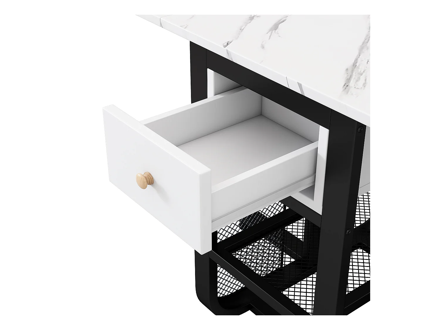 Table à manger extensible 2 à 6 couverts avec tiroirs et étagères - Panneau de particules et métal - blanc + noir