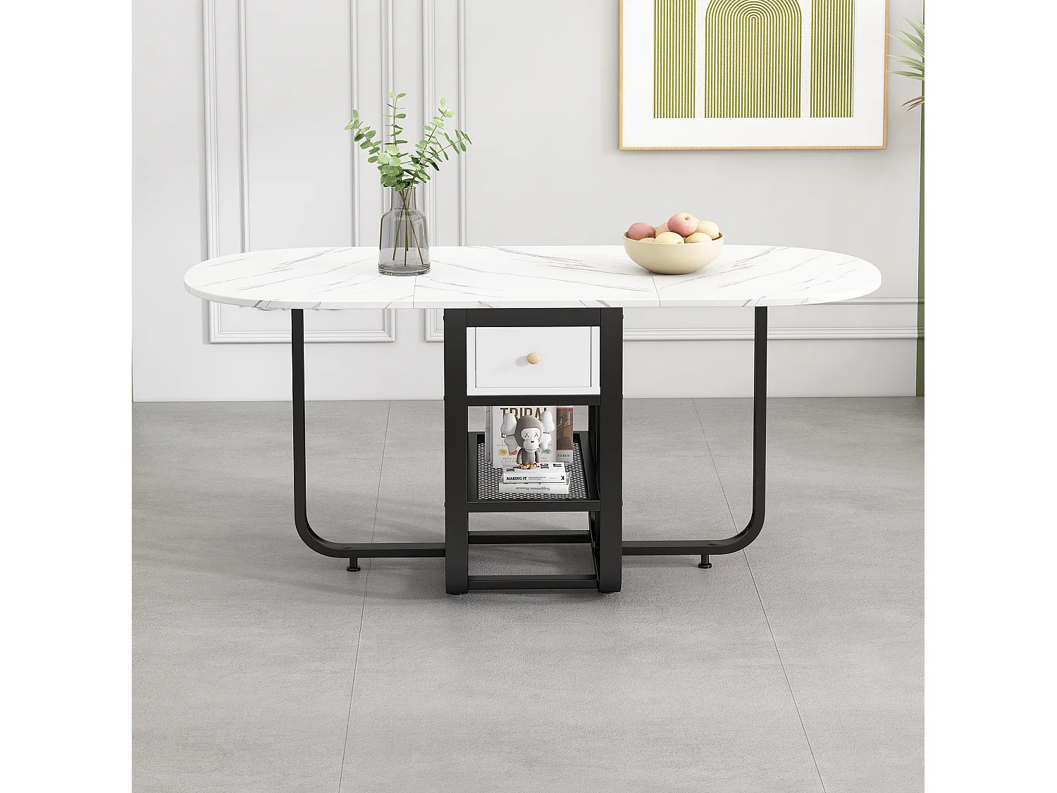 Mesa de jantar extensível para 2 a 6 talheres com gavetas e prateleiras - Aglomerado e metal - branco + preto