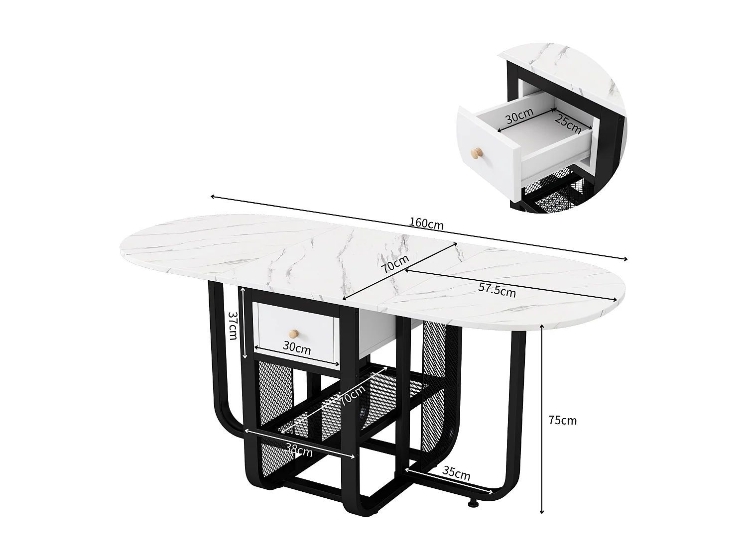 Mesa de jantar extensível para 2 a 6 talheres com gavetas e prateleiras - Aglomerado e metal - branco + preto